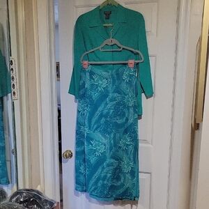 Lafayette New York 148 Teal Floral Skirt and Blouse Set